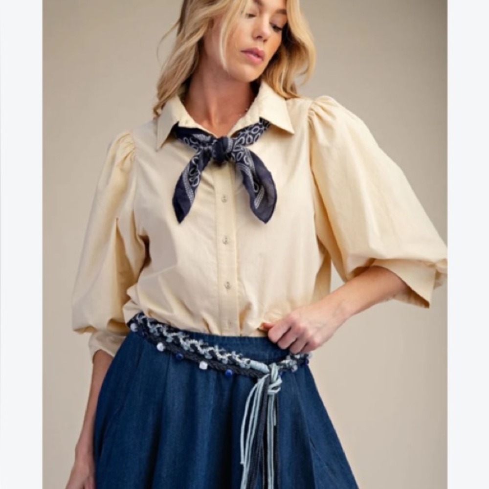 New Cream Puff-Sleeve Button Front Top with Western Scarf Bow Tie